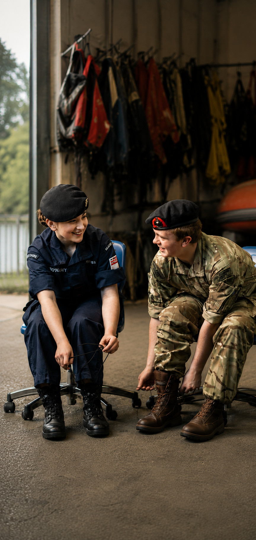 A Sea Cadet and Royal Marines Cadet talking together during a cadet activity